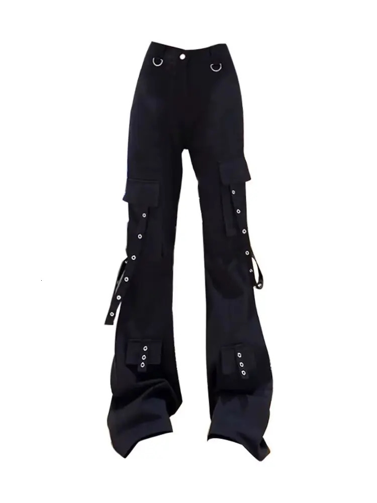 punk dark trumpet work pants jeans womens college Y2k pocket street wear black Gothic Harajuku low rise printed denim 251231