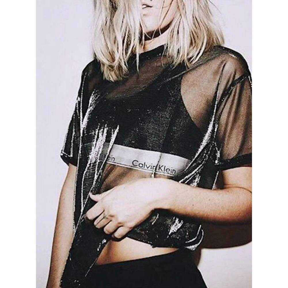 Sexy Mesh Blouse 2025 Summer See-Through Shirts Short Sleeve Perspective Shine Casual Women Tops Lady Vintage Blusas