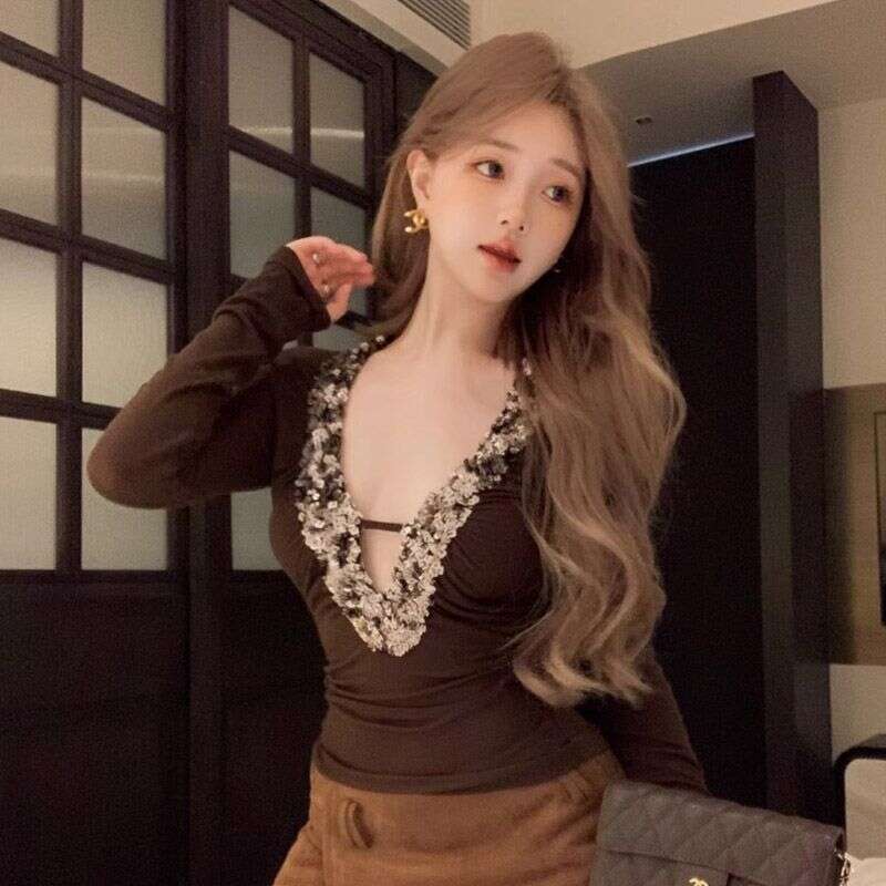 Heavy Sequin Sexy V-Neck Long Sleeve T-Shirt for Women, Autumn Design, Slim Fit, Hot Girl Short Base Shirt Top
