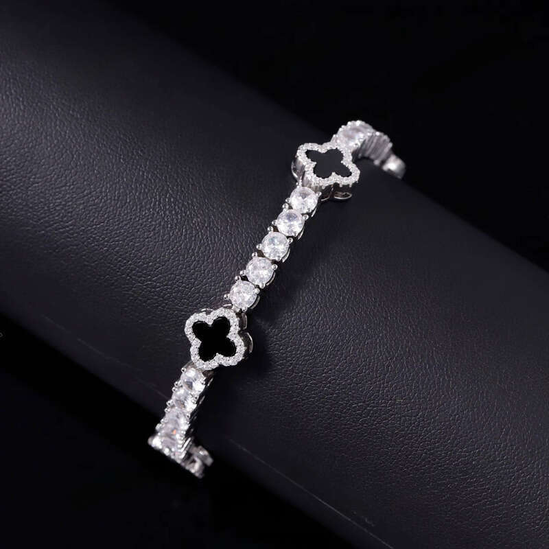 Iced Out Cuban 925 Sterling Silver VVS Moissanite Diamond Four Leaf Clover Bracelet 3mm 4mm Tennis Chain