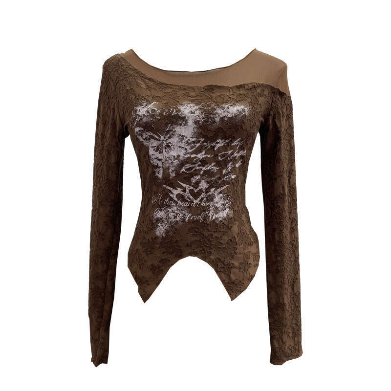 Real Shot Wasteland Style Butterfly Graffiti Mesh Patchwork Textured Long Sleeve T-Shirt Hot Girl Short Slim Top 2753