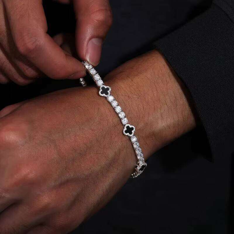 Men's Hip-Hop Gold-Plated Pearl VVS Moissanite Diamond Lucky Iced Black Clover Tennis Bracelet