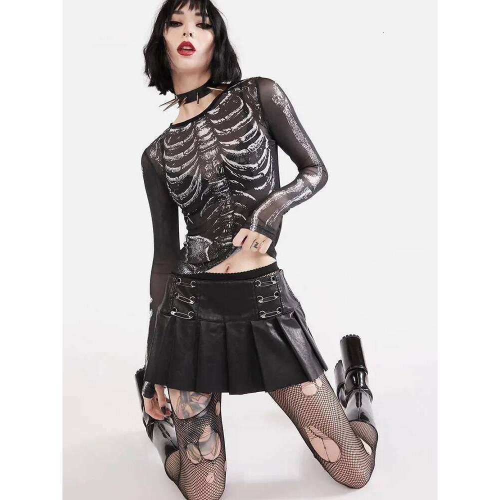 Spring/Summer Gothic Punk Shirt 2000s Women's Skull Pattern Round Neck Long Sleeve Black y2k T-shirt Street Wear