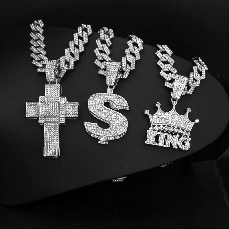 Men Women Hip Hop Big Dollar Sign Cross Pendant With 15mm Rhombus Cuban Chain Iced Out Bling Necklaces Fashion Charm Jewelry 251230