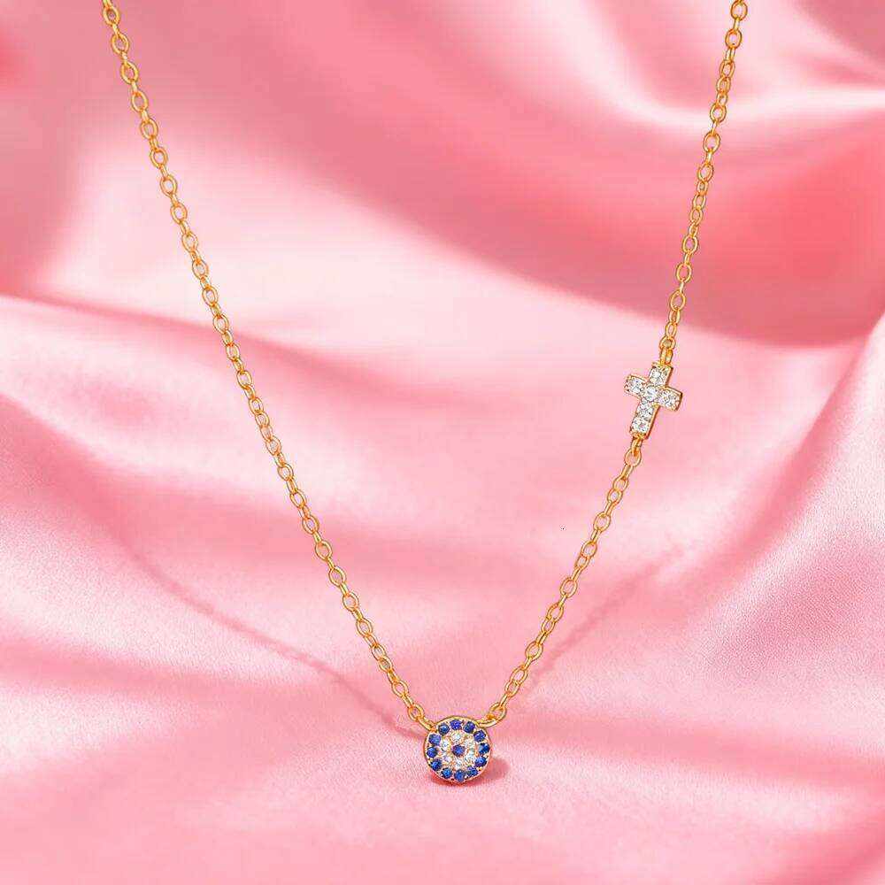 Aide Blue Crystal Eyes Pendants Classic Fashion 925 Sterling Silver Gold Color Necklace For Women Lucky Cross collars Jewelry