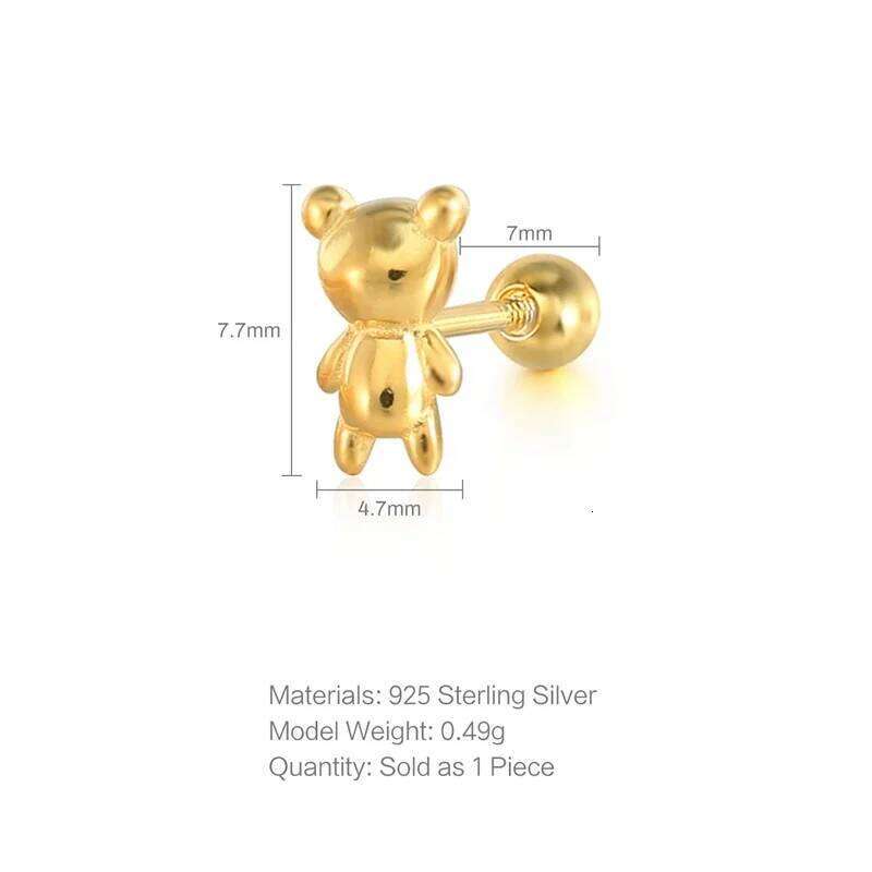 Aide 925 Sterling SilverCute Small Golden Bear Stick Earpost Spiral Stud Earrings For Women Classic Fashion Ear Bone Earring 1pc