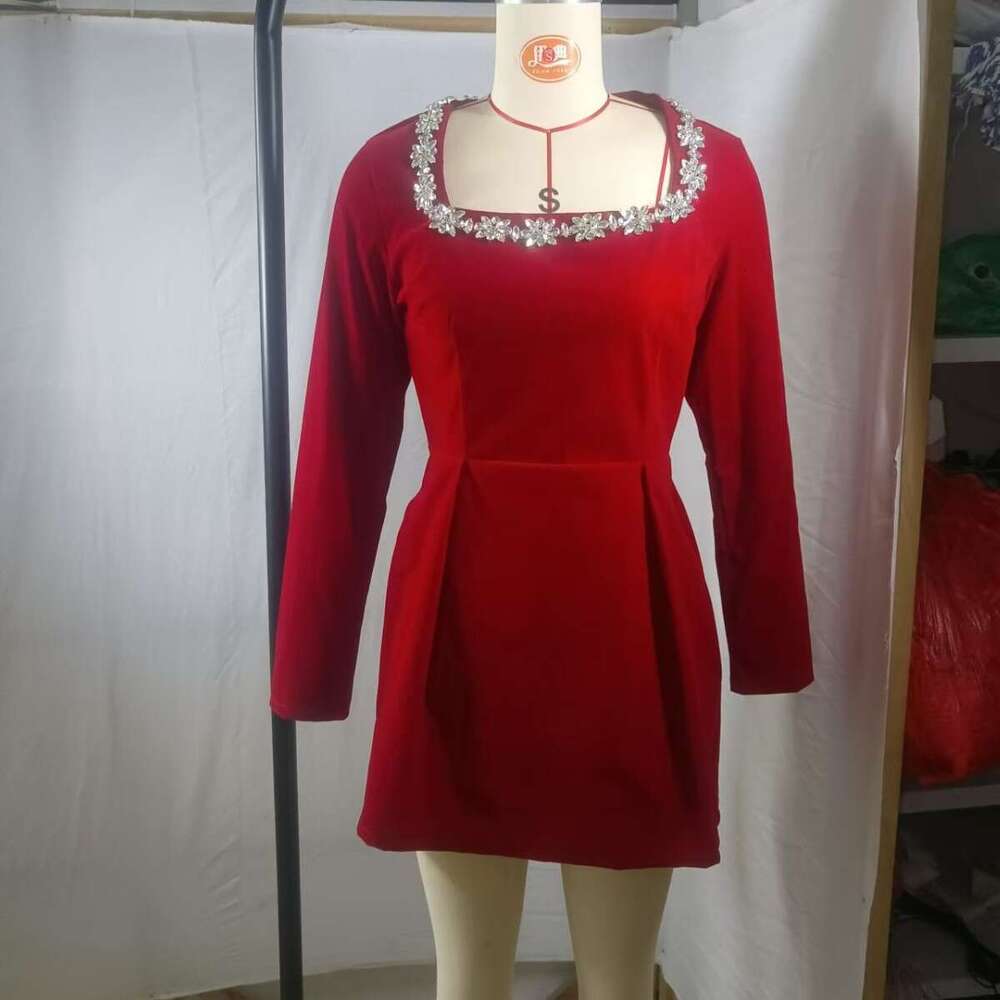 2026 Spring Women's Elegant Square Neck Pearl Lace Short Fashion Dress