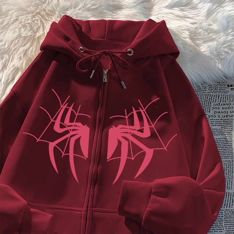 European and American Style Cool Unisex Fleece Hoodie for Men and Women Autumn Winter Spider Print Zipper Sports Outdoor Jacket