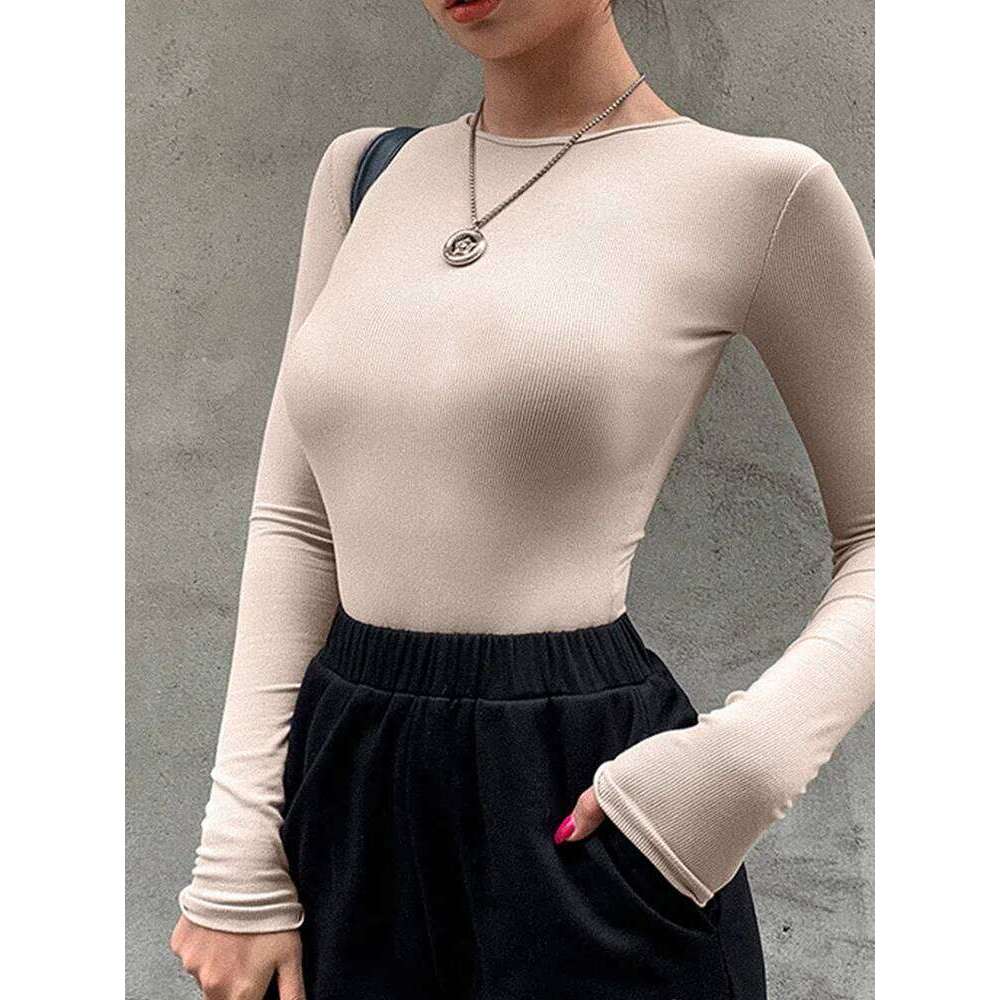 Slim Ladies Sexy Solid Fashion Skinny Bodycon Women Long Sleeveles O-Neck Casual Black Beige Female Bodysuit