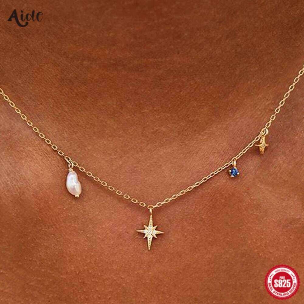 Aide 925 Sterling Silver Baroque Pearl With Eight Pointed Star Pendant Necklace For Women 18k Gold Chain Collar Elegant Jewelry