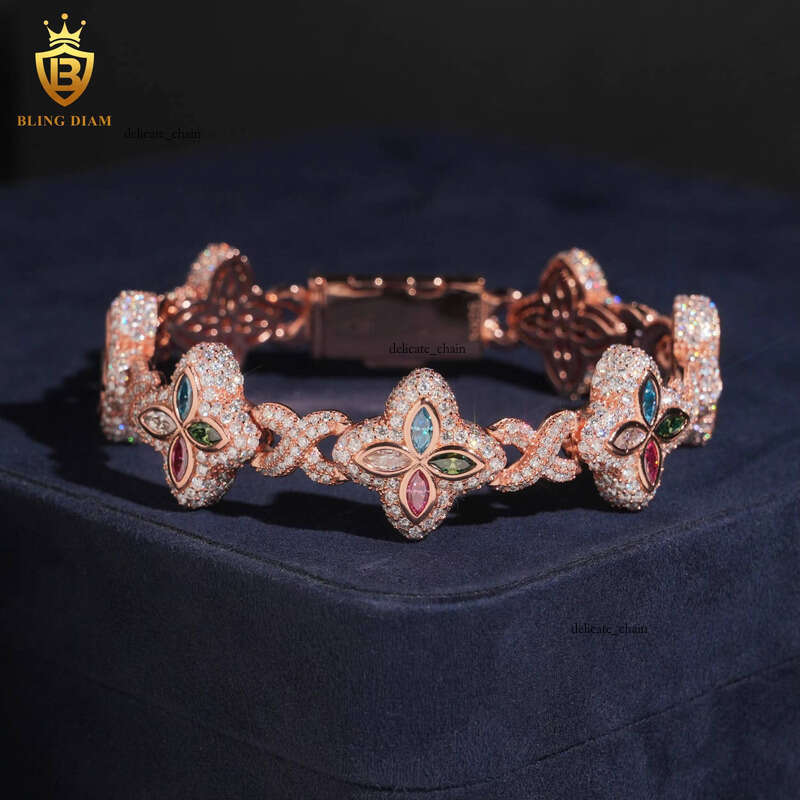 VVS Moissanite 18mm Colorful Marquise Cut Silicon Stone Rose Gold Plated 925 Silver Chain Bracelet Fashion Jewelry