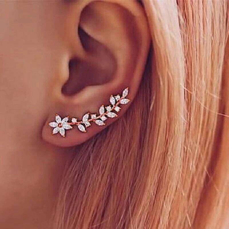 Huitan Aesthetic Flower Stud Climb Earrings Exquisite Women's Ear Accessories with Dazzling CZ New Fashion Jewelry