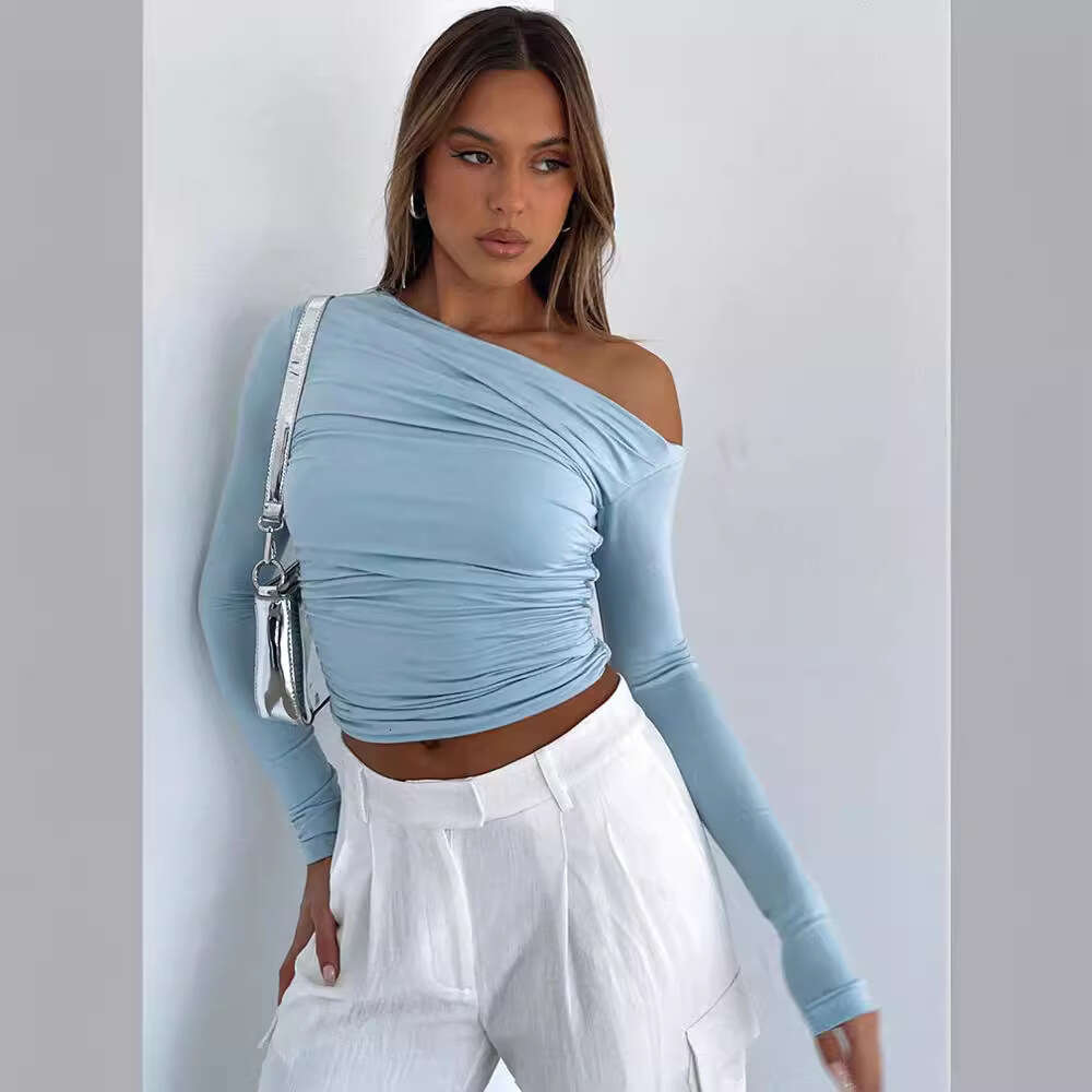 Cross-Border European and American Women's Clothing Asymmetrical Off-Shoulder Solid Color Crop Top Long Sleeve Sexy Slim Fit Elegant T-Shirt