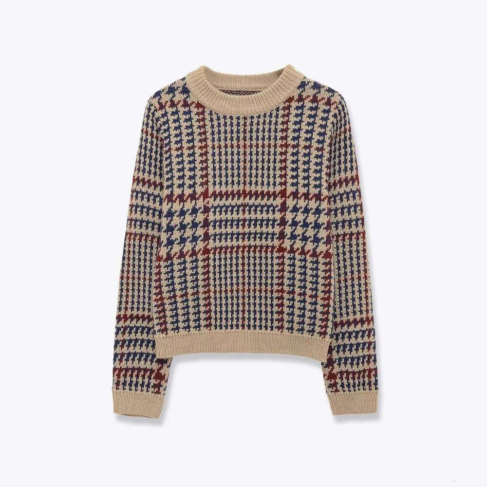 European And American Autumn New Fashion Casual Retro Style Long-Sleeved Houndstooth Blended Knitted Sweater