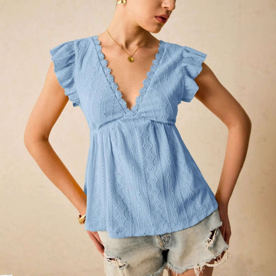 2026 European and American Cross-Border Women's Spring Summer New Fashion Hollow V-Neck Ruffle Short Sleeve Lace T-Shirt Top