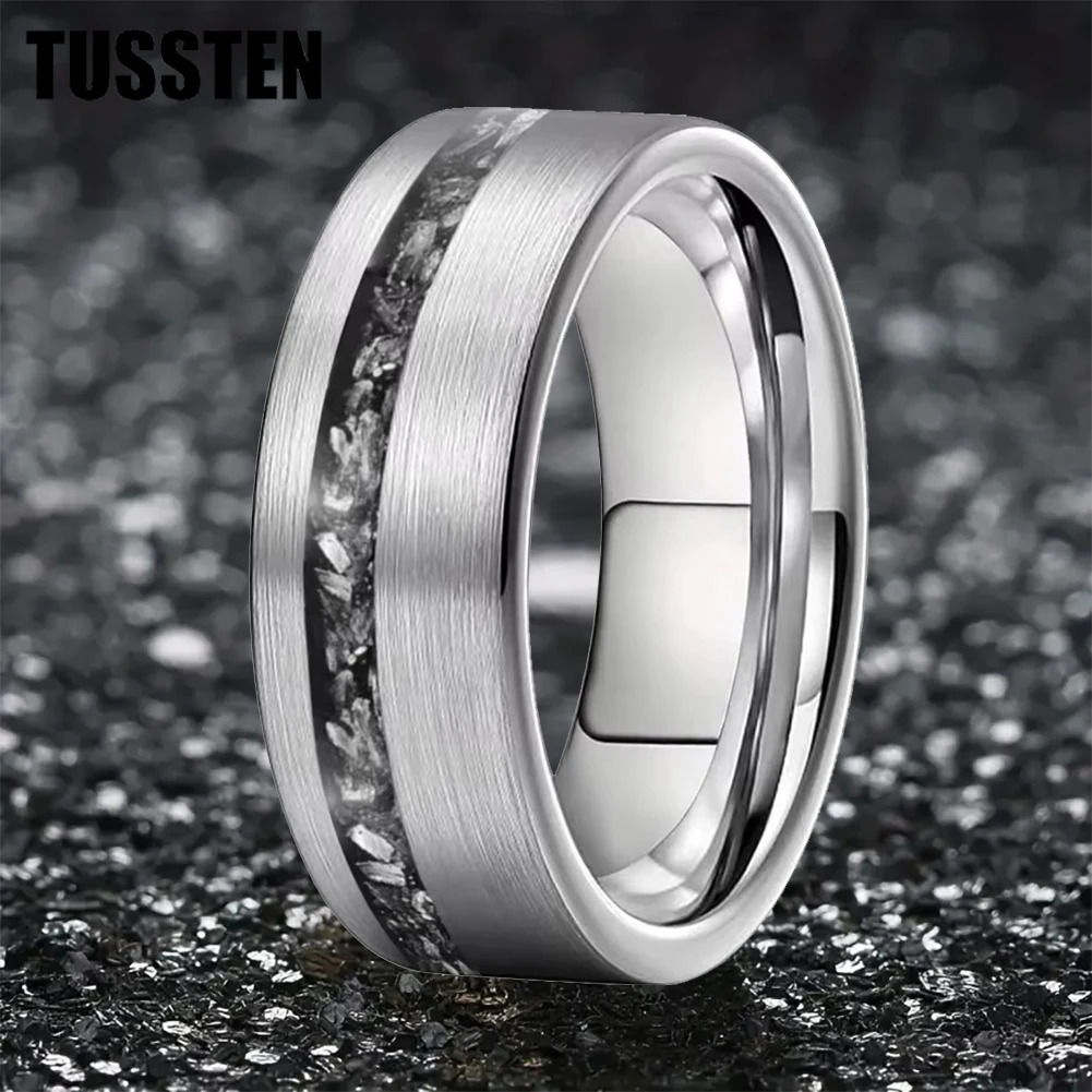 TUSSTEN 6/8MM Mens and Womens Wedding Ring With Meteorite Fragments Inset in the Offset groove for a Comfortable Fit 251230