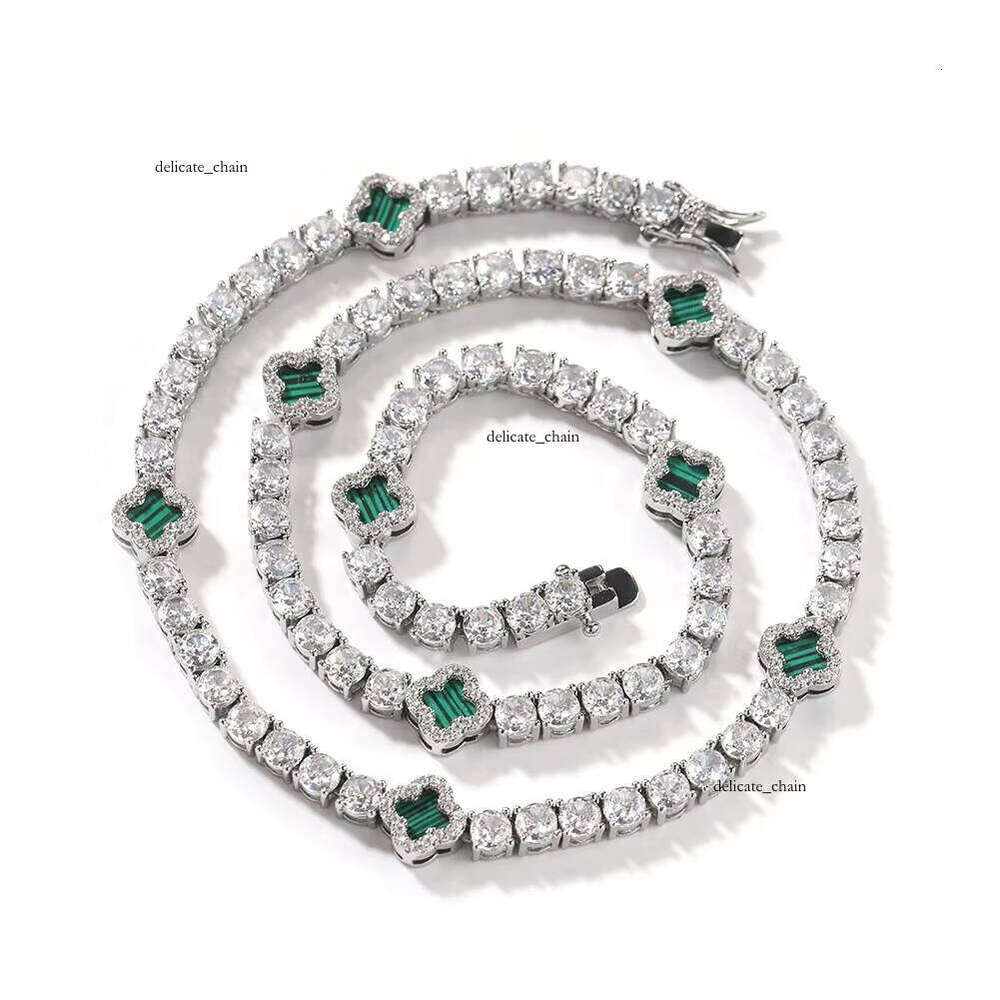 Platinum Hiphop Tennis Chain Necklace Fashion Four-Leaf Clover Design with VVS Moissanite, Suitable for Women