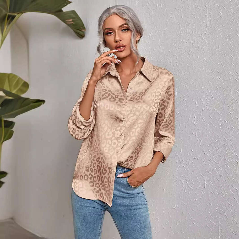 2026 European and American Cross-Border Women's Spring Summer New Turn-Down Collar Button Leopard Print Jacquard Elegant Commuter Long Sleeve Shi