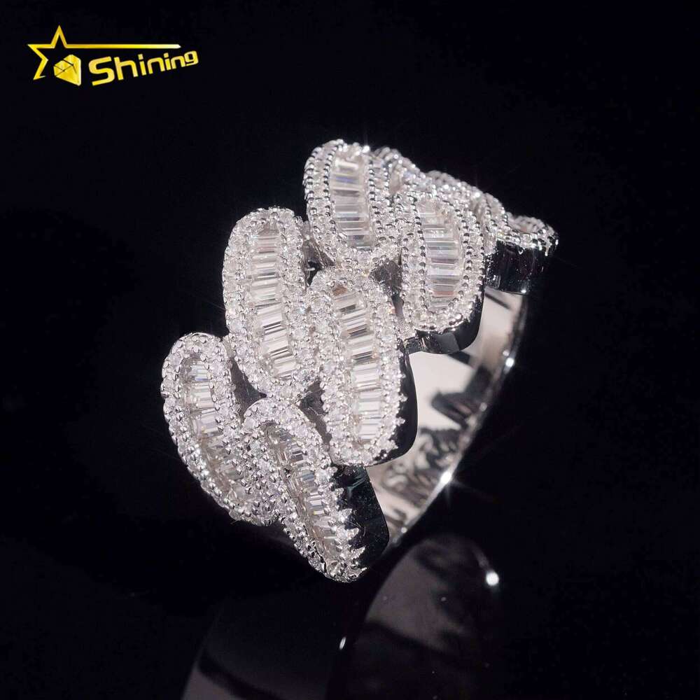 Hip Hop Jewelry Iced Out Baguette Moissanite Cuban Link Ring GRA Certificated Custom 925 Silver Men Wedding Rings