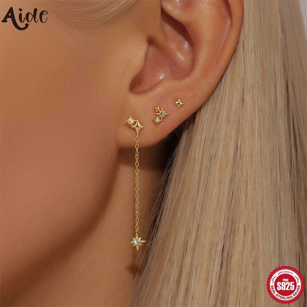 Aide 925 Sterling Silver Individuality Candy Zircon Stud Earrings For Women Fashion Star Chain Ear Studs Set Jewelry pendientes