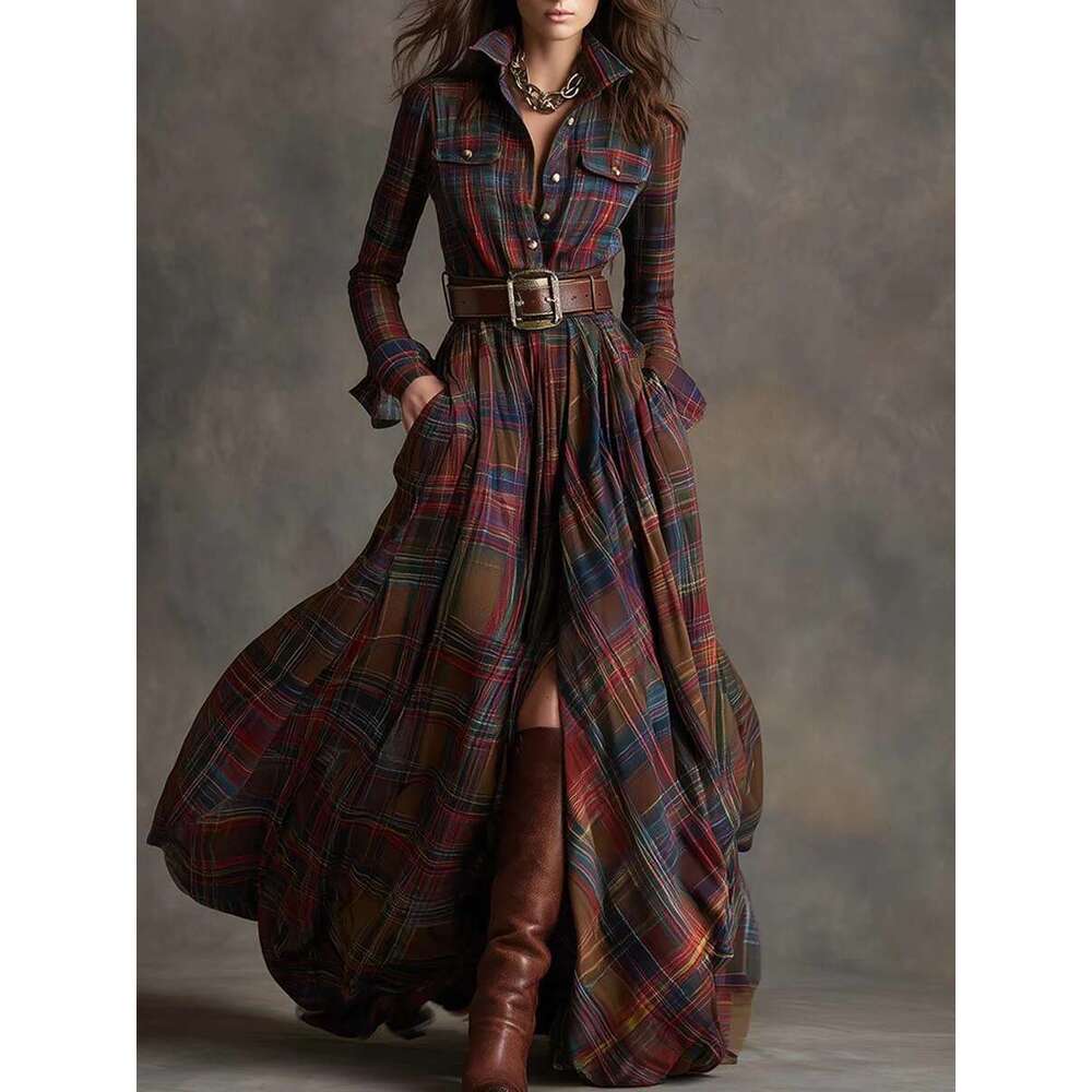 Plus Size Women's French Retro Plaid Slimming Irregular European and American New Design Dress