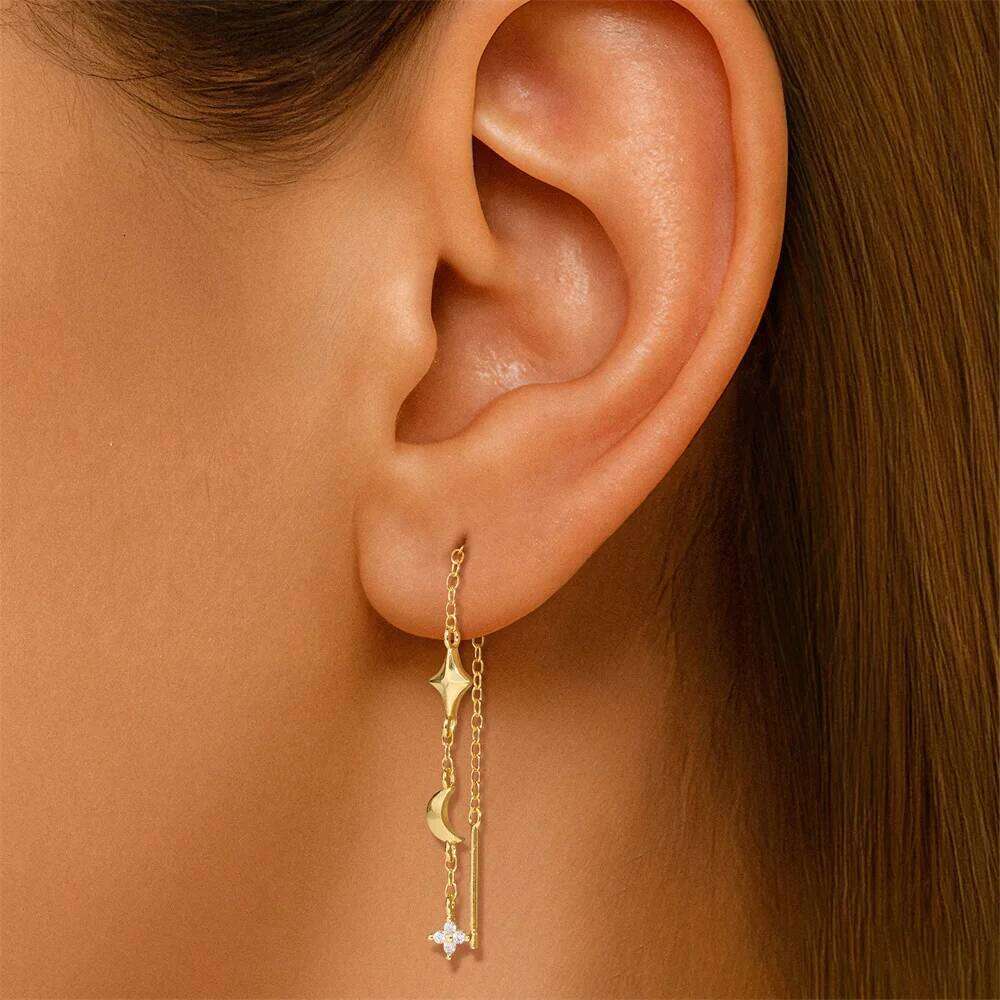 Aide 925 Sterling Silver Chain Tassel Star Zircon Earrings For Women Ins Minimalism Geometric Long Line Ear Studs Xmas Gift 1pc
