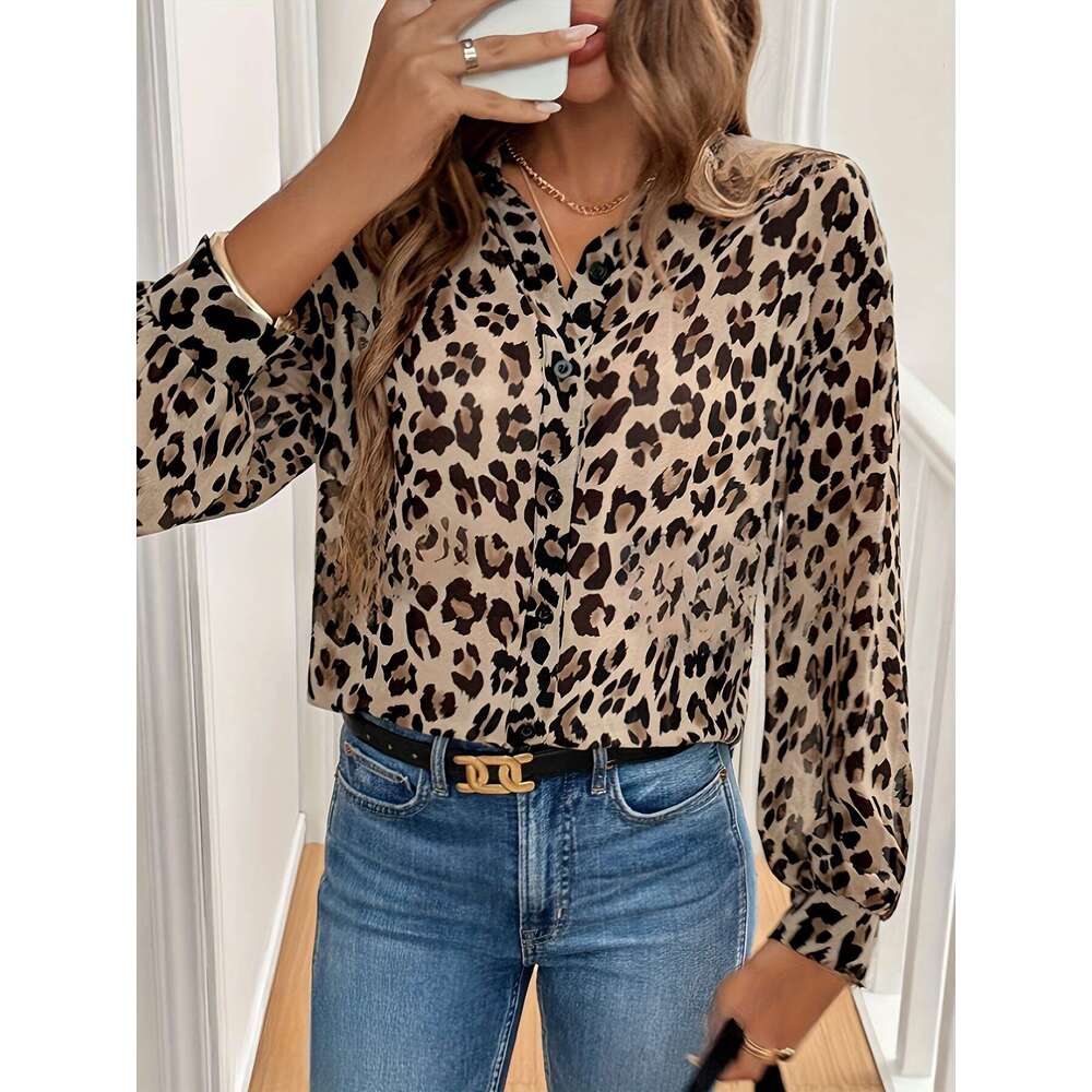 2026 European and American Cross-Border Women's New Elegant Leopard Print Long Sleeve Loose Shirt Top