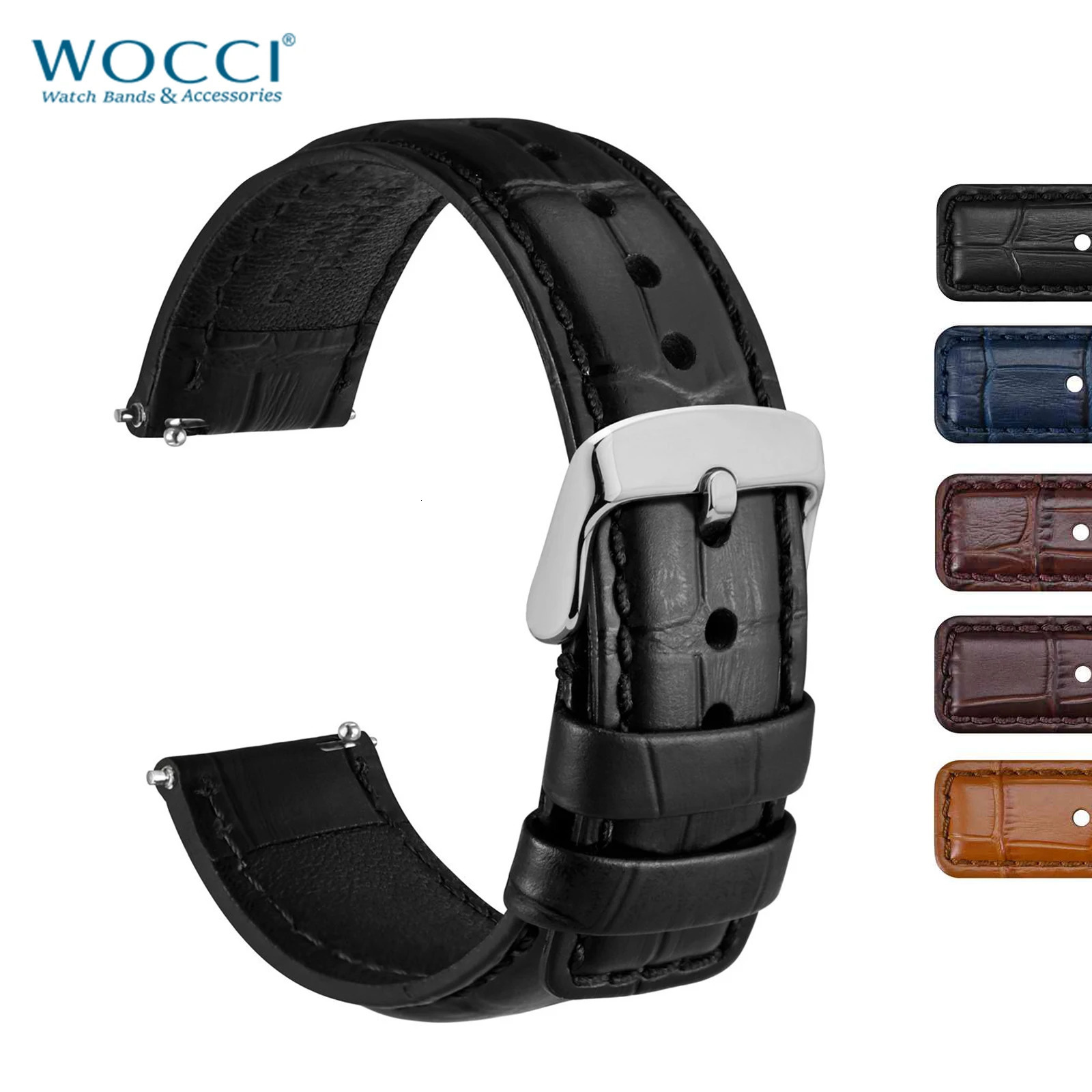 WOCCI Alligator Grain Leather Watch Strap 18mm 20mm 22mm 24mm Quick Release Classic Embossed Bracelet Replacement for Men251231