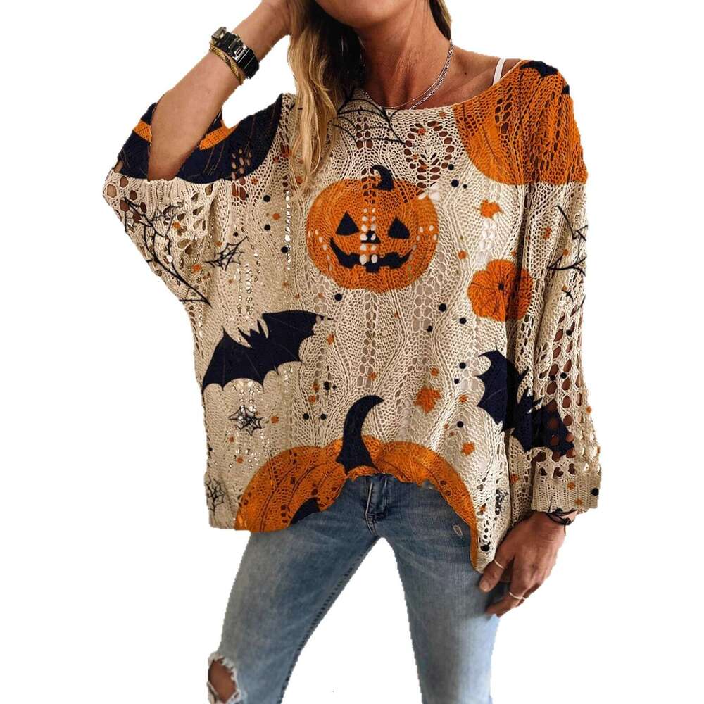 Spring Summer Autumn Four Seasons Off-Shoulder Diamond Hollow Pumpkin Bat Halloween Print Long Sleeve Women's Casual Premium