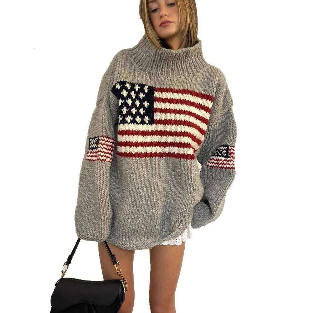 Y2k Flag Pattern Sweater Women Oversized Knit Pullover Vintage Streetwear Casual Warm Loose Fit Fall Jumper