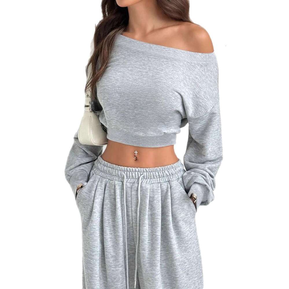 2025 European and American Cross-Border Casual Solid Color Sweatshirt Women Off-Shoulder Loose Knitted Short Long Sleeve Set