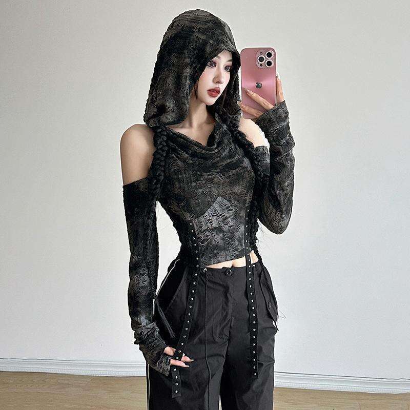 Pure Desire Y2K Hot Girl Design Off-Shoulder Slimming Hooded Long Sleeve T-Shirt for Women Autumn Winter Elegant Versatile Black Top
