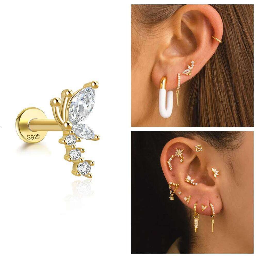 Aide 925 Sterling Silver New Trendy Tragus Cartilage Piercing Earrings For Women Gift Clear CZ Zircon Dragonfly Labret Stud