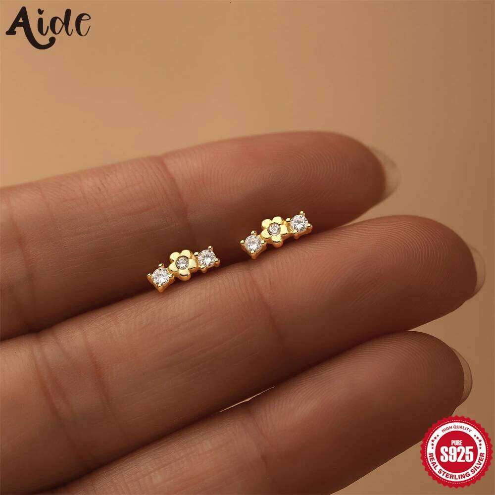 Aide 925 Sterling Silver Shiny Zircon Stud Earrings Women Style Cute Sweet Gold Color Pendientes Simple Fashion Jewelry