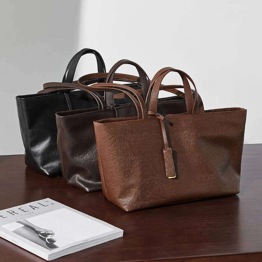 New Style Commuter Tote Bag: Genuine Leather, Simple and Soft Full-Grain Cowhide, Single-Shoulder Luxury Retro Underarm Bag, Women's Cowhide Hand