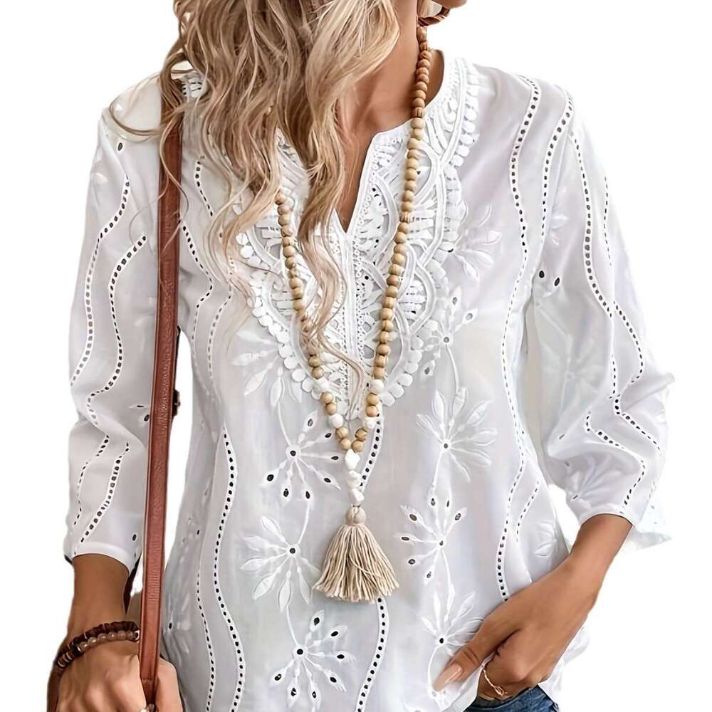 European and American Cross-Border Autumn New Loose V-Neck Elegant Commuter Embroidered Flared Sleeve Lace Blouse Chiffon Shirt