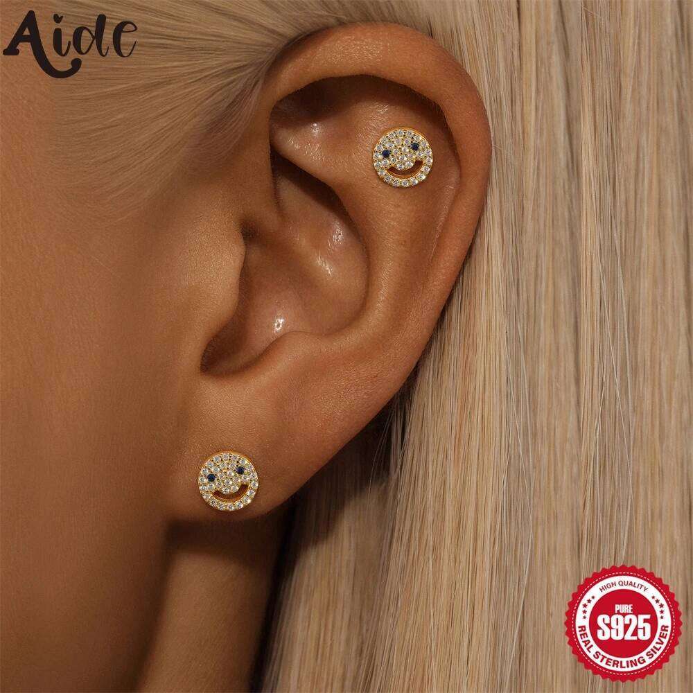 Aide 925 Sterling Silver Zircon Smile Face 18k Gold Plated Earrings Hoop Ear Buckle Party Fashion Jewel Girl Birthday pendientes