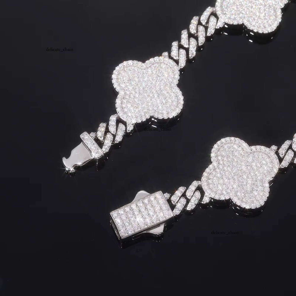 GRA Certified Diatomaceous Earth Ice Out 18mm 925 Sterling Silver Clover Chain Bracelet VVS Moissanite Tester Passed Hip Hop Pearlescent Unisex