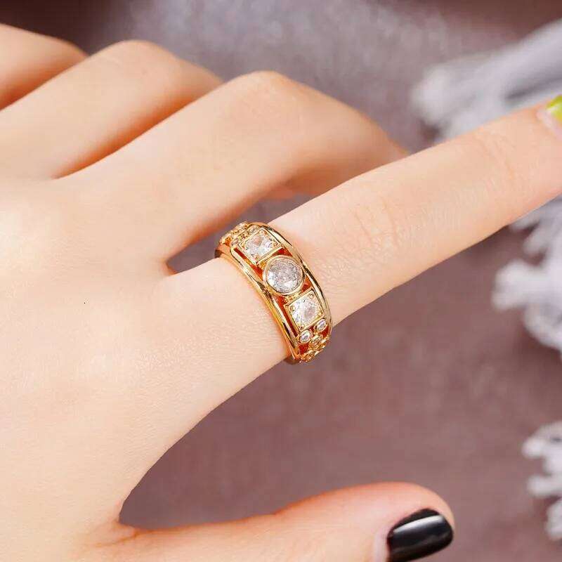 Huitan Geometric CZ Gold Color Rings for Women Fashion Versatile Design Wedding Bands Accessories Party Modern Statement Jewelry