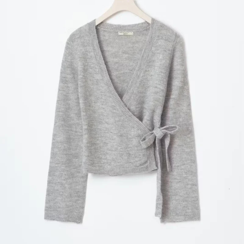 Womens Y2k Long Sleeve Wrap Knit Tops Solid V Neck Side Tie Sweater Shirts Lightweight Open Front Pullover Cardigans Streetwear 251229