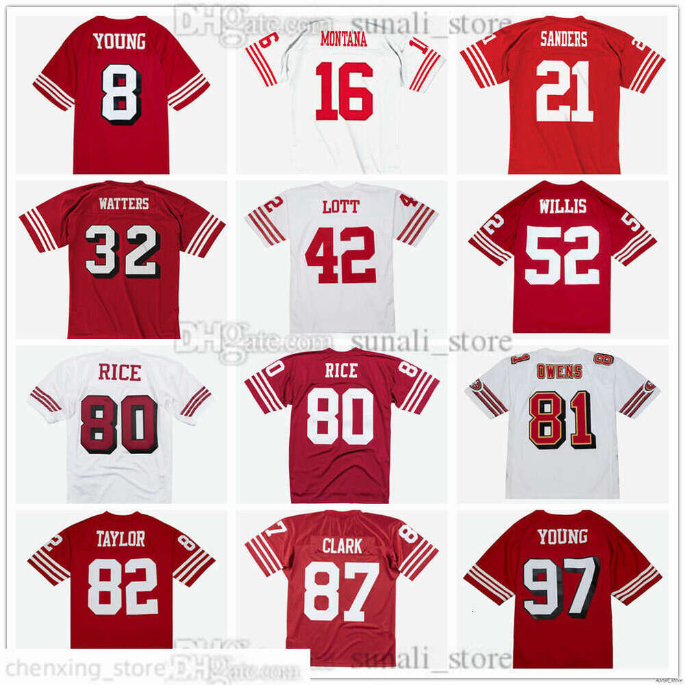 S-6XL Vintage Football Jerseys 8 Steve Young 16 Joe Montana 21 Deion Sanders 32 Ricky Watters 42 Ronnie Lott 80 Jerry Rice 97 Bryant Young 52 Patrick Willis Stitched