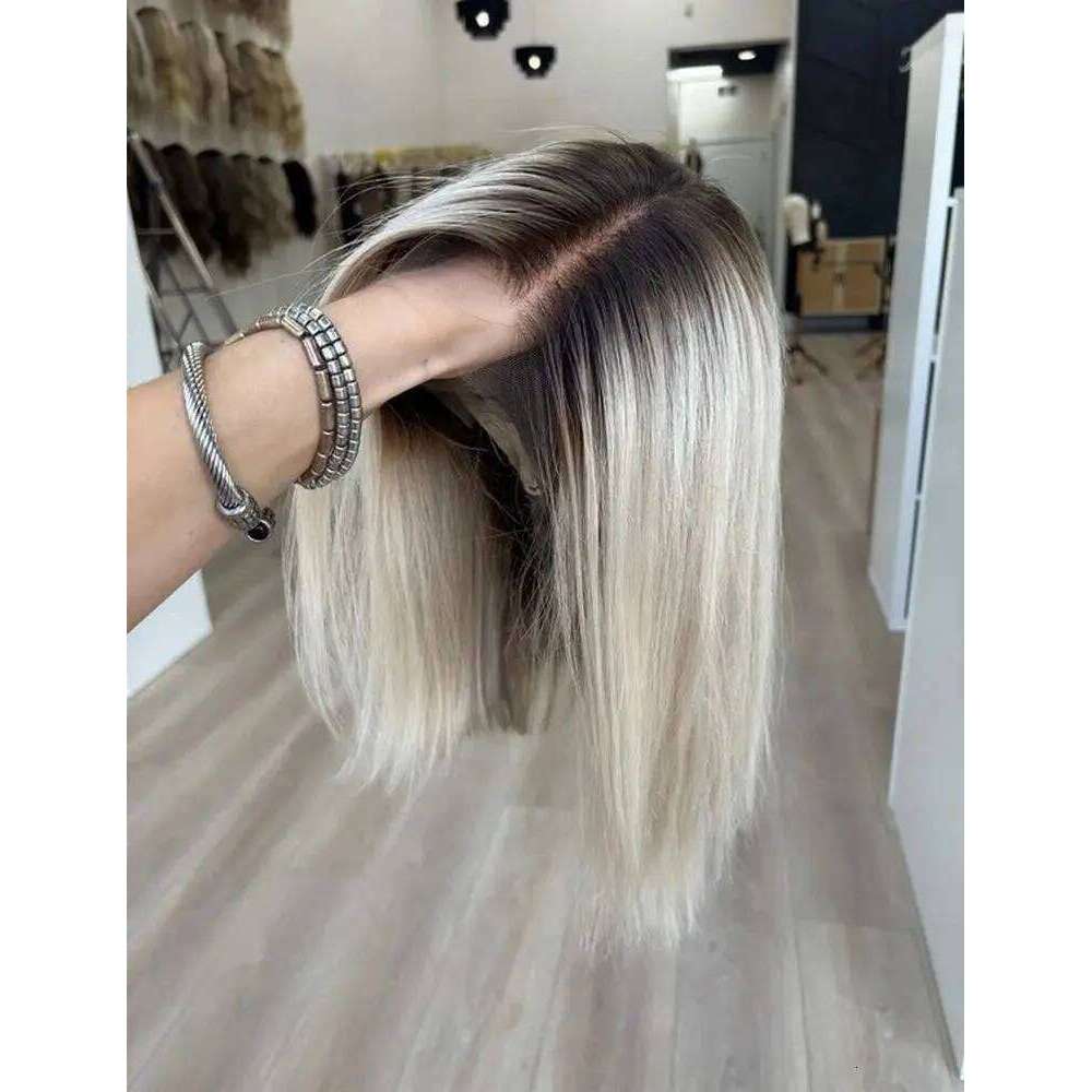 Luxury Ash Platinum Blonde Synthetic Lace Frontal With Dark Roots Bob Natural Straight 13*4 HD Original Factory Cheap Wigs