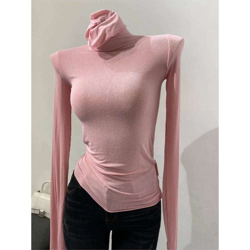 Thin Soft American Long Sleeve T-shirt High Stacked Neck Tight Perspective Bottom Shirt Women's Slim Fit Tops Sexy Streetwear