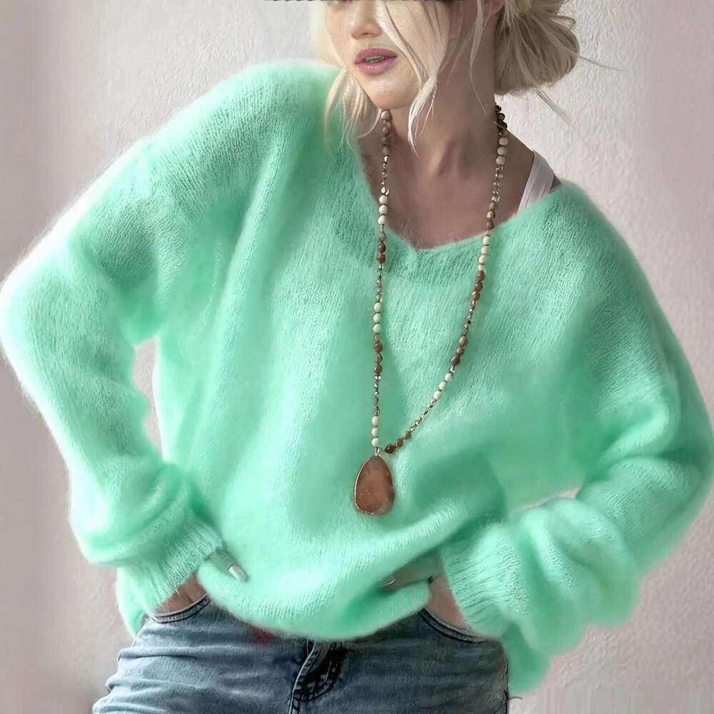 European and American Soft V-Neck Long Sleeve Sweater for Women 2026 Autumn Winter Pullover Solid Color Lazy Style Loose Knitted Top