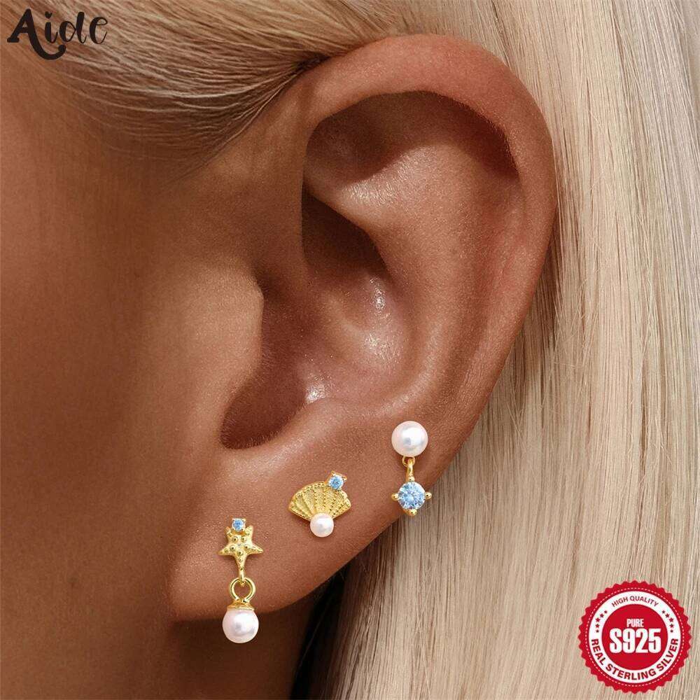 Aide 3pcs 925 Silver Ocean Shells Starfish Pearl Elements Stud Earrings Cute And Unique Party Favors Earring Set Fine Jewelry