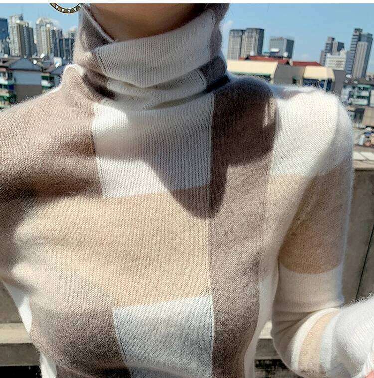 Geometric High Neck 85% Wool Women's Pullover Casual Wool Cashmere Sweater Popular Women's Fashion Top Girl
