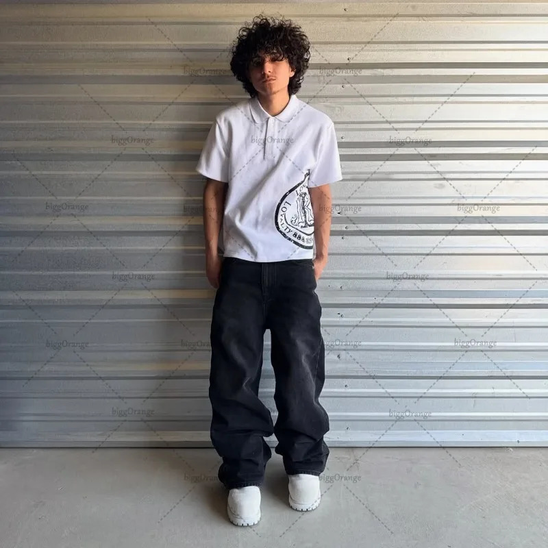 High Street Retro Y2K Harajuku Streetwear Men Hip-hop Punk Trendy Classic Polo Shirt Gothic Casual Loose Lapel Top 251230