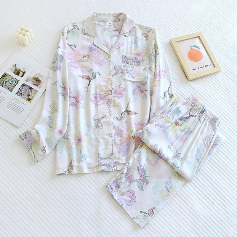Spring and Autumn Thin Cotton Viscose Floral Printed Long Pants Pajamas Suit Sleeved Womens Sleepwear Sets Home Clothing 251231
