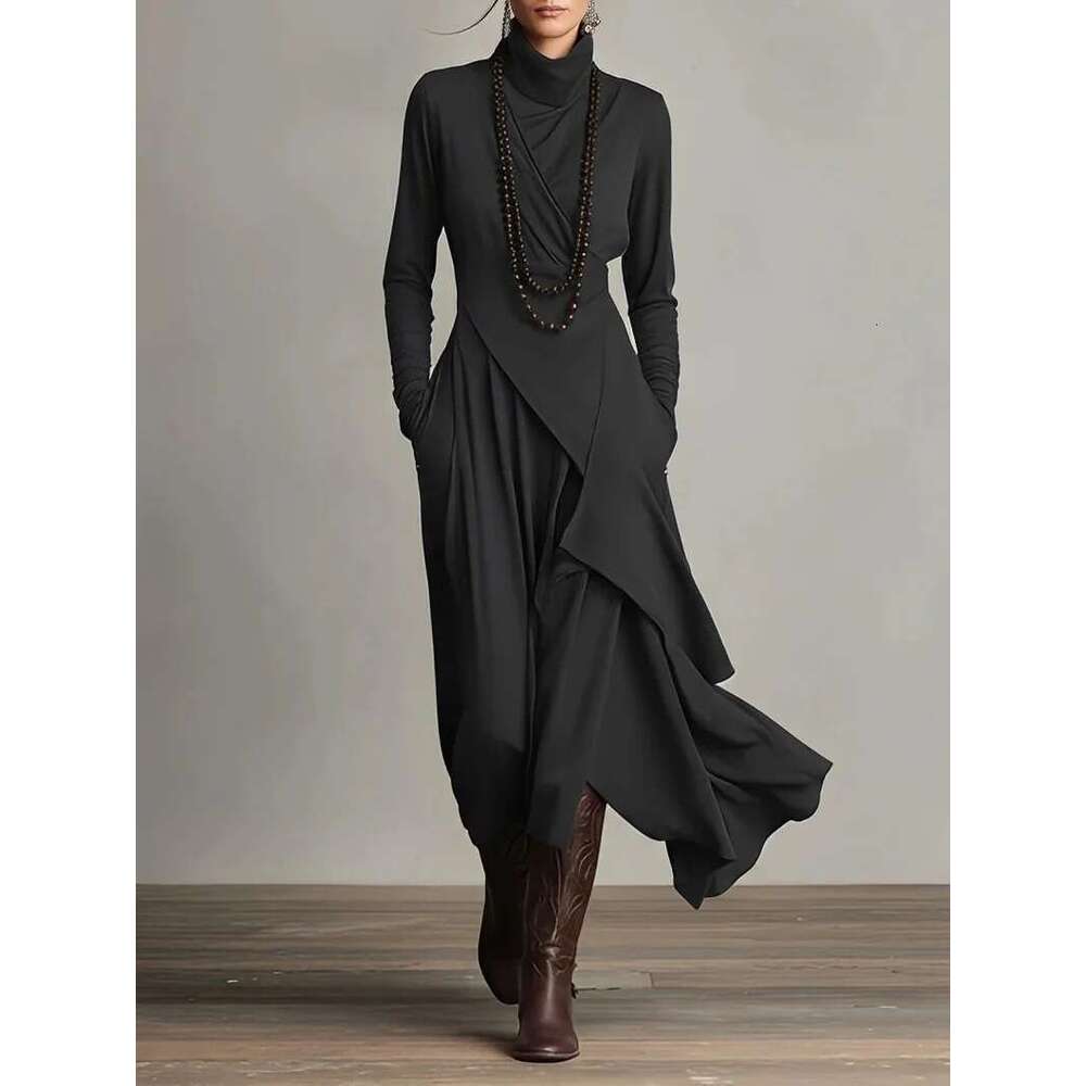 2026 European Size Women's Clothing Autumn Solid Color Sleeve Cross High Neck Long Dress
