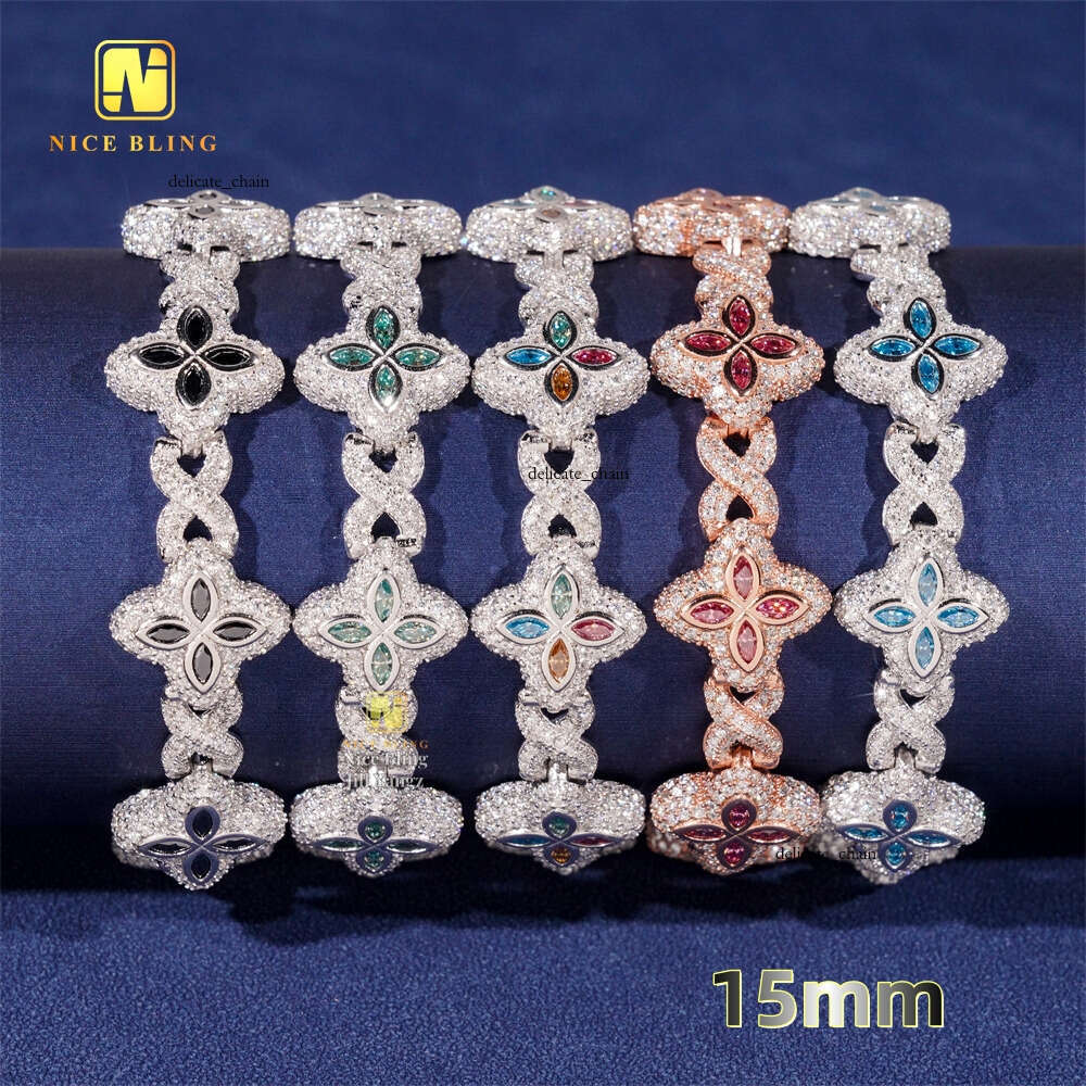 HOT SELLING 15mm Colorful Flower Bracelet Ready Stock Hip Hop Fancy Diamond Cuban Link Chain VVS Moissanite 925
